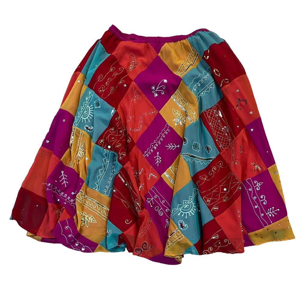 Sandy Starkman Women's Skirt Patchwork Beaded Sequins Colorful Pink Midi Size 1X